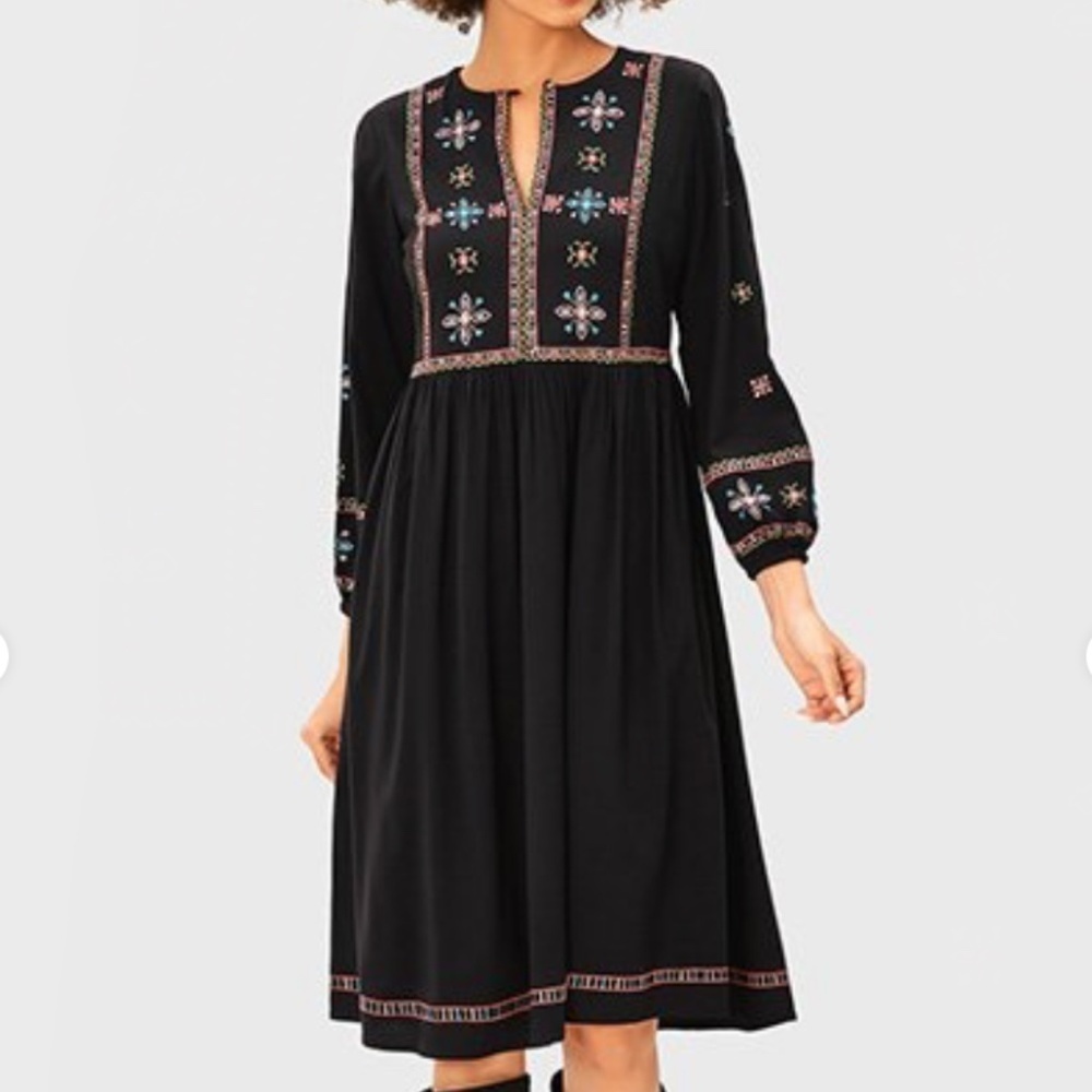 eShakti Wayward Fancies Boho Graphic Embroidery Rayon Midi Dress Size Medium EUC